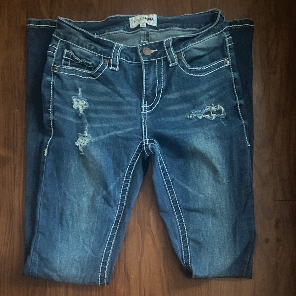 2000s Low rise Dark Wash Distressed Bootcut Jeans